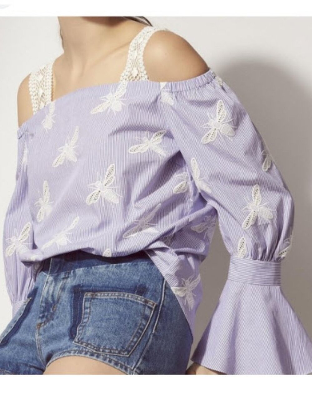Sandro Ashley Lavender Stripe Bee Embroidered Cold Shoulder Blouse Medium boho